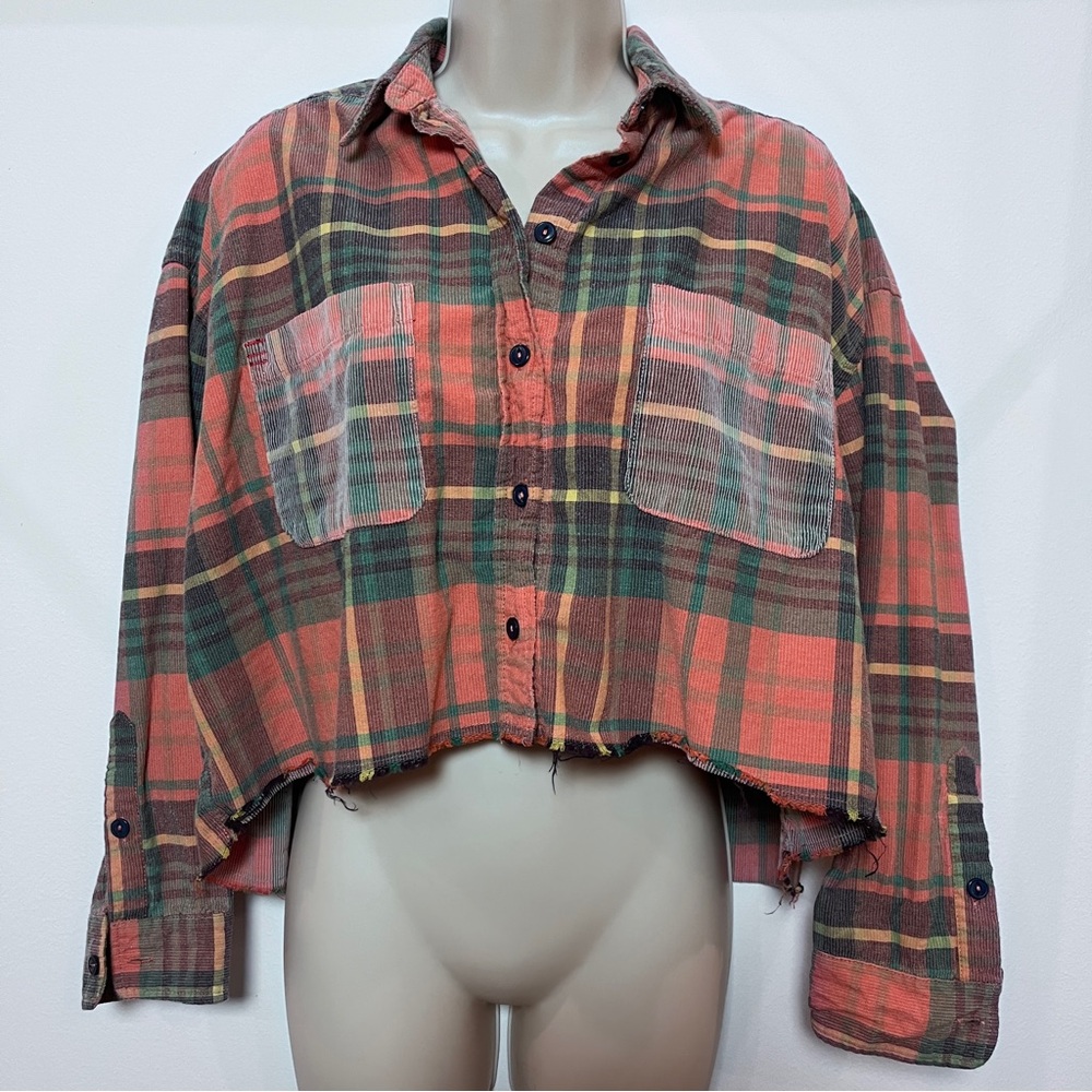BDG Cropped Plaid Flannel Shirt Jacket in Rust, Green, Brown